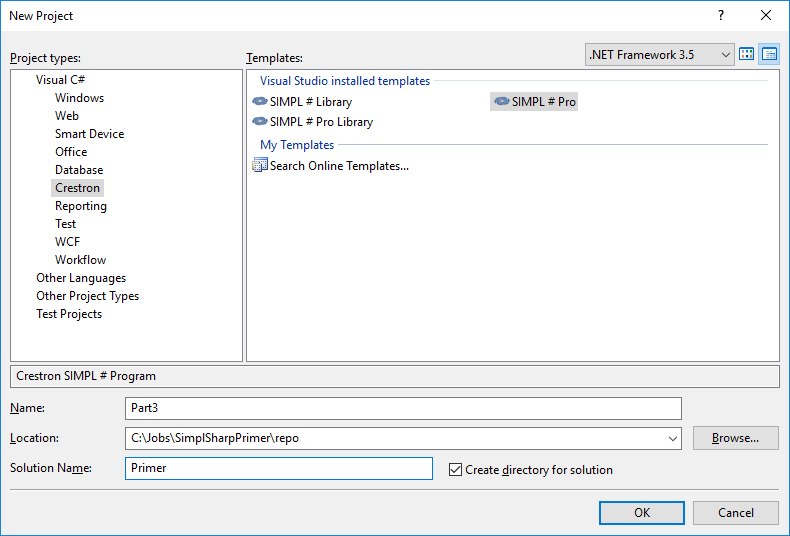 new project dialog